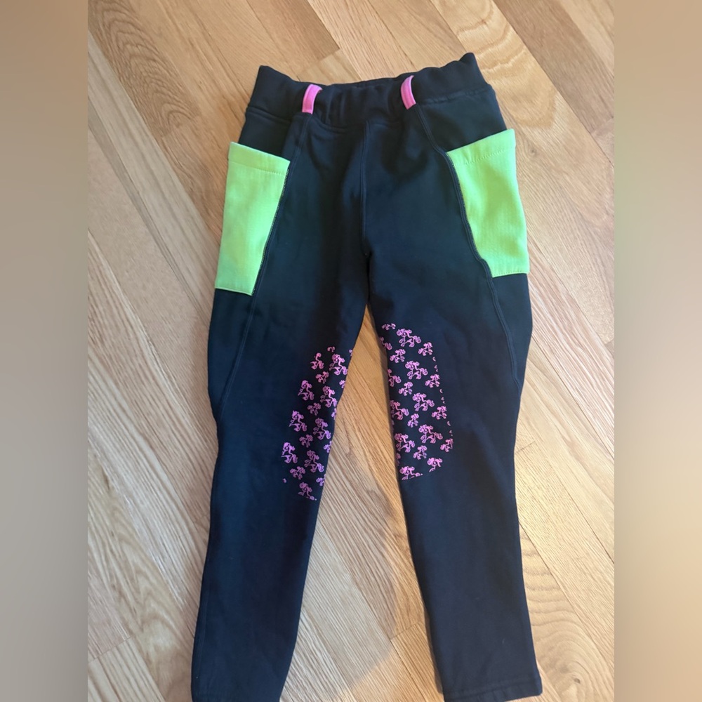 Belle & Bow Equestrian Girls Riding Tights Black Pink Green Knee Grip Size 6 - Picture 3 of 4